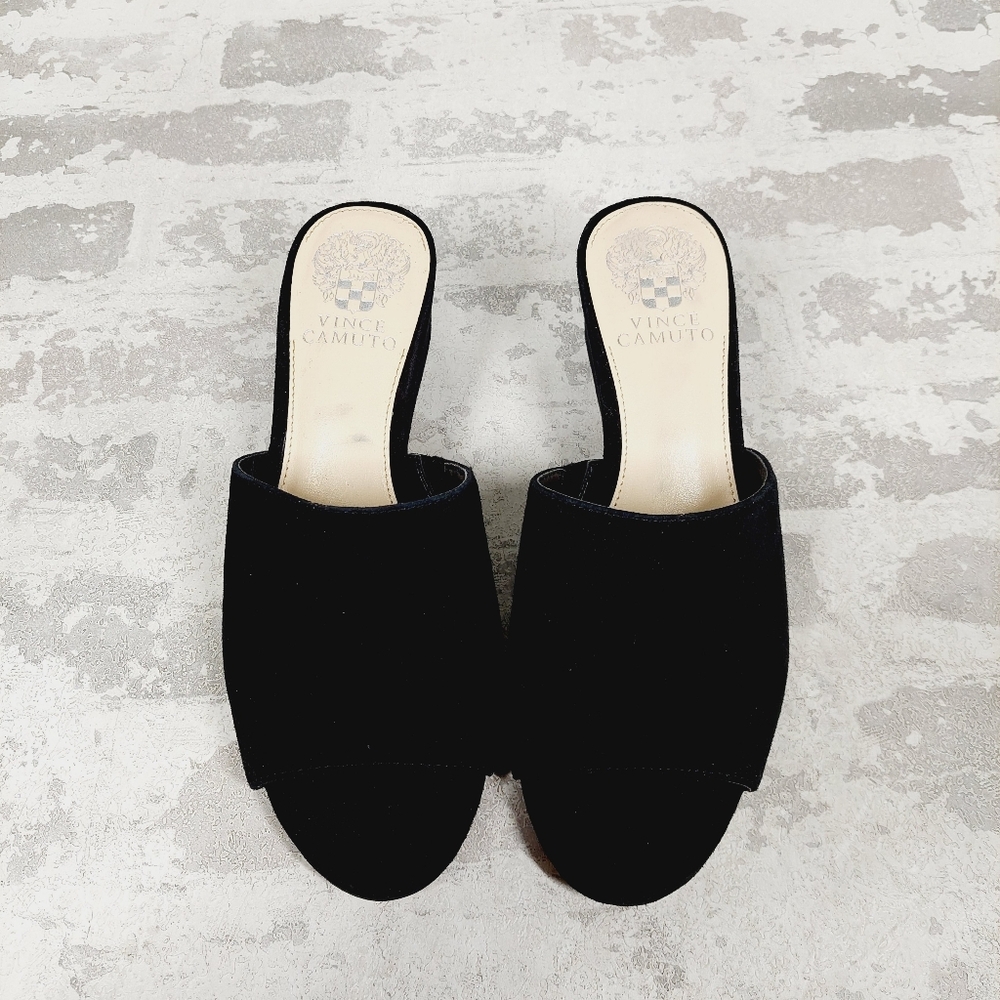New Vince Camuto Stephena Black Suede Wedge Slip On Sandals W899 - Picture 10 of 13